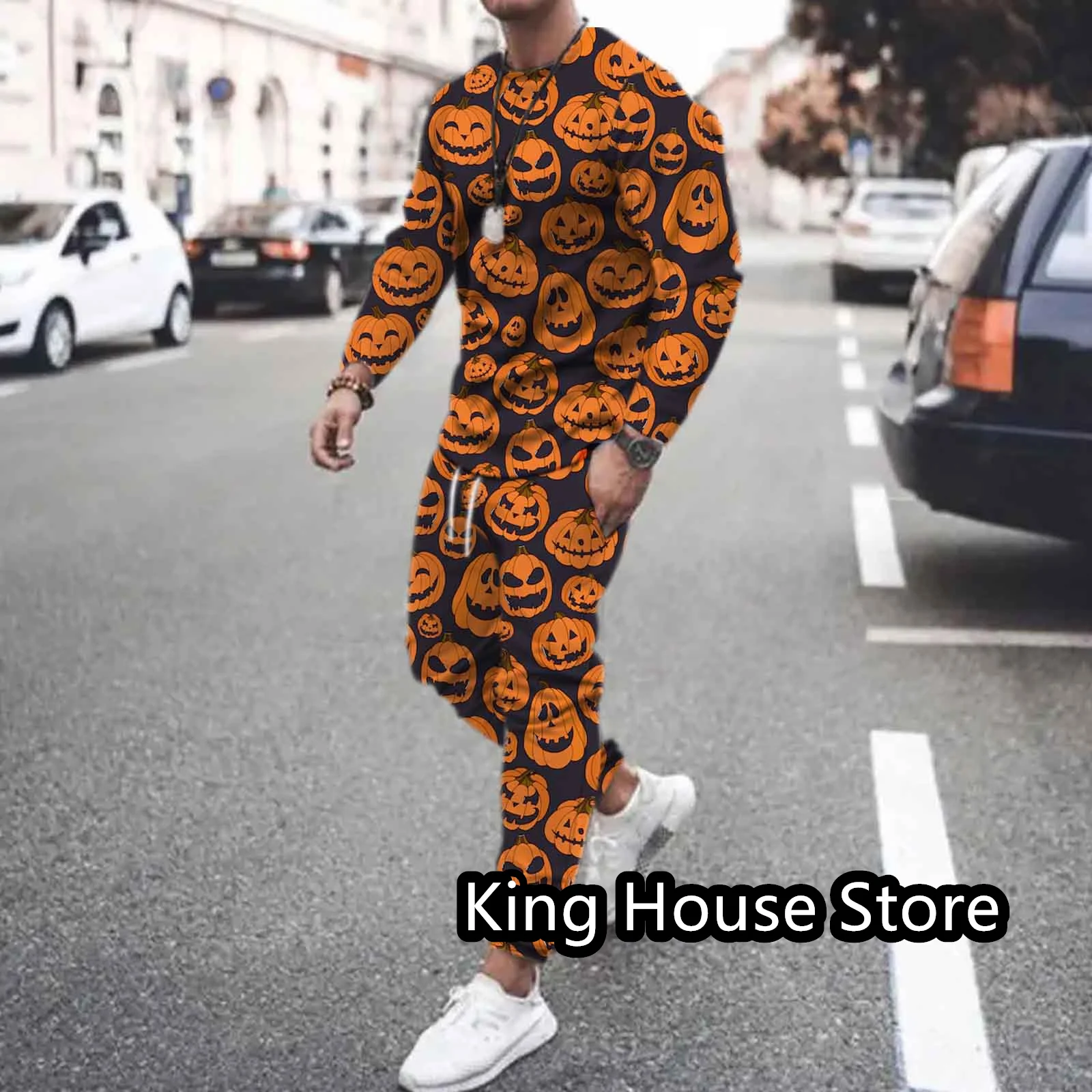 Top Trends: Men’s 2 Piece Set Halloween Pumpkin Lantern Horror 3D Printing Tshirt Trouser Sportwear High Quality Men Oversized Tracksuit Set Shoppable Styles