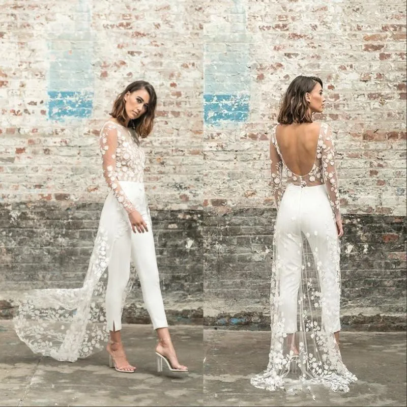 Top Trends: 2022 Sexy Modern O-Neck Backless Wedding Pant Suits For Brides Brush Train Lace Wedding Jumpsuits Women Elegant Formal Dress Shoppable Styles