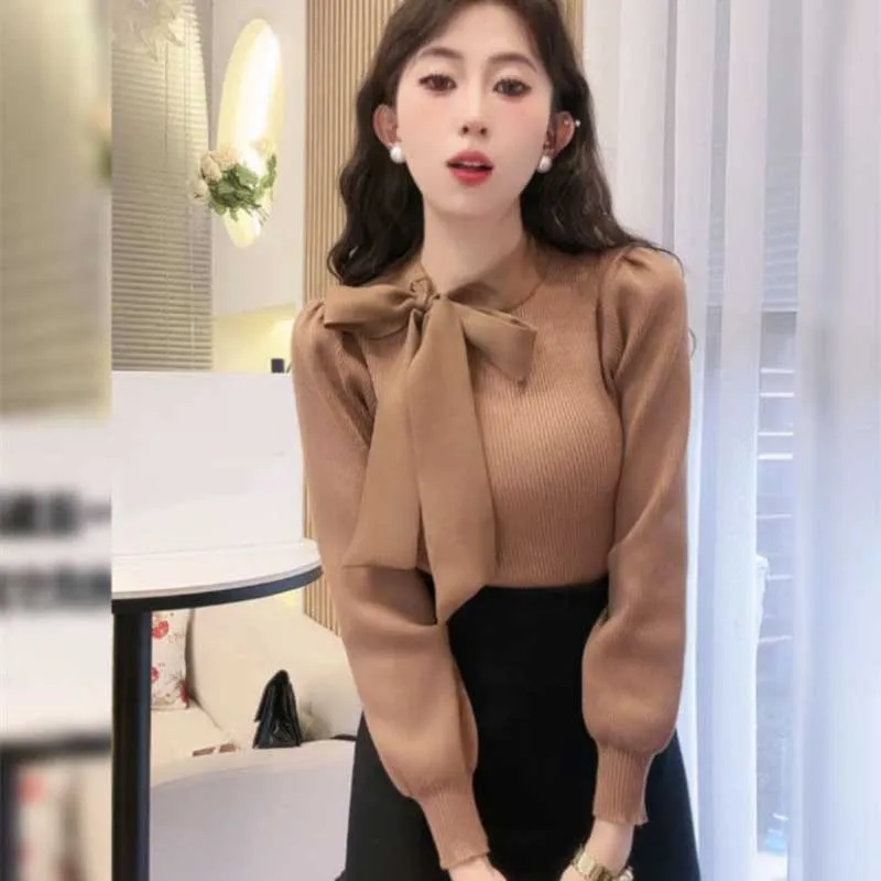 Top Trends: Elegant Stand Collar Solid Color Lace Up Bow Blouses Women&#039;s Clothing 2023 Autumn Winter Slim Korean Tops Puff Sleeve Shirts Shoppable Styles