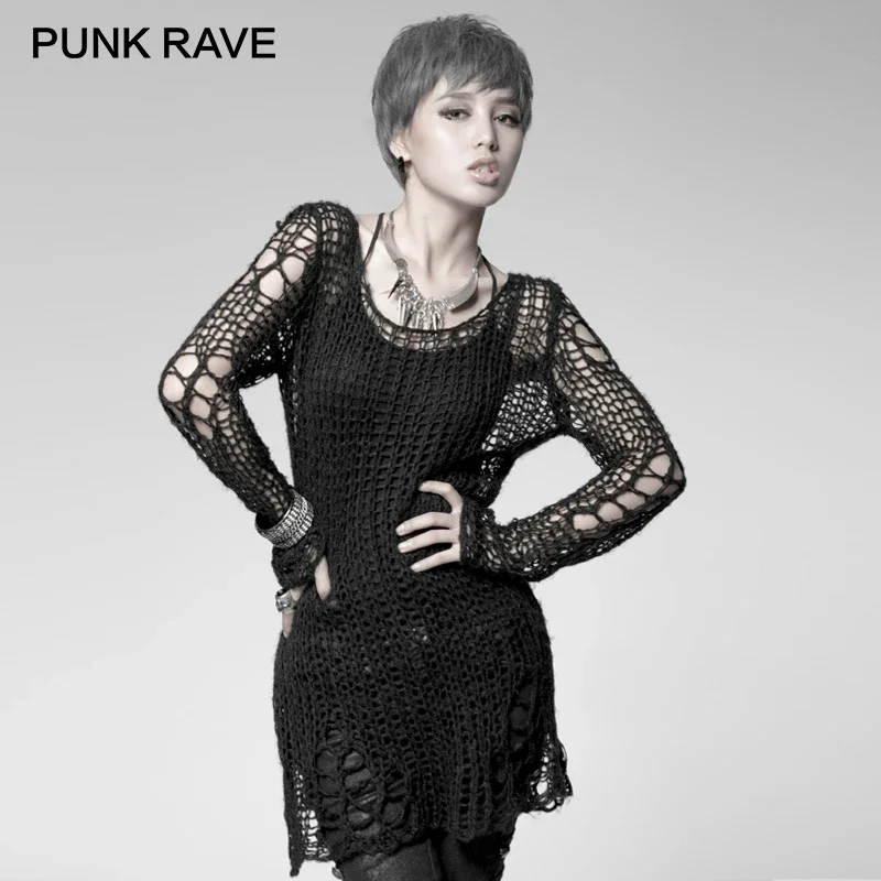 Top Trends: PUNK RAVE Punk Broken Pullover Striped Ladies Stylish Cape Sweater Computer Knitting Holes Thin O-Neck Long Sleeves Tops Shoppable Styles