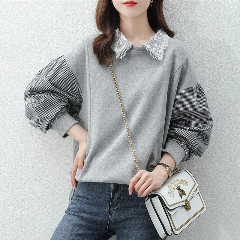 Top Trends: Fashion Loose Lapel Lace Spliced Plaid Sweatshirts Female Clothing 2023 Autumn Winter Oversized Casual Tops Korean Sweatshirts Shoppable Styles