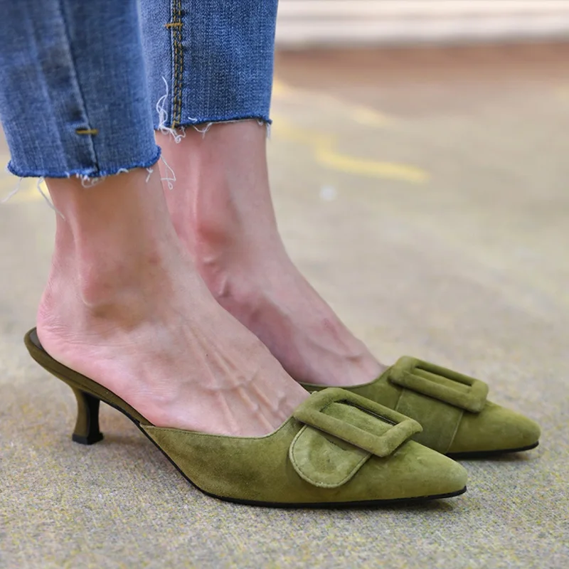 Top Trends: 2022 Woman Summer Sandals Lady Mules Big Size 42 Basic Style Shoes Kid Suede French Style Buckle Slippers Women Pump Pointed Toe Shoppable Styles