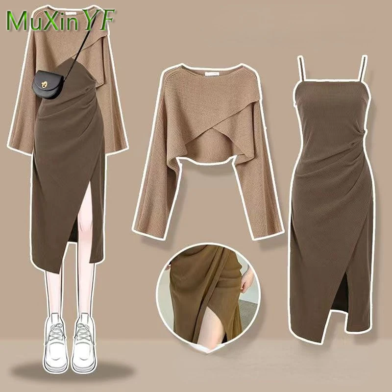 Top Trends: Women&#039;s Spring Autumn New Dress Matching Set Korean Elegant Vintage Knitted Sweater+ Sexy Split Sling Midi Skirt Two Piece Set Shoppable Styles