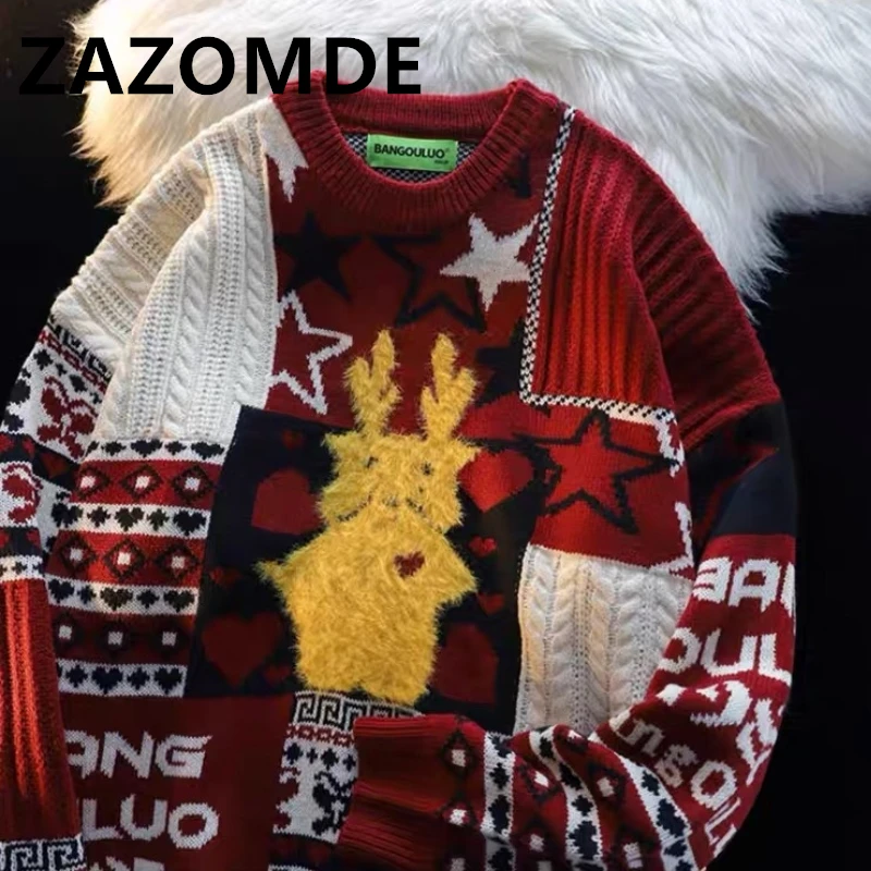 Top Trends: ZAZOMDE Winter Men Patchwork Sweater Fashion Streetwear Casual Clothing Christmas Pullovers Student Y2K Oversize Knitted Sweater Shoppable Styles