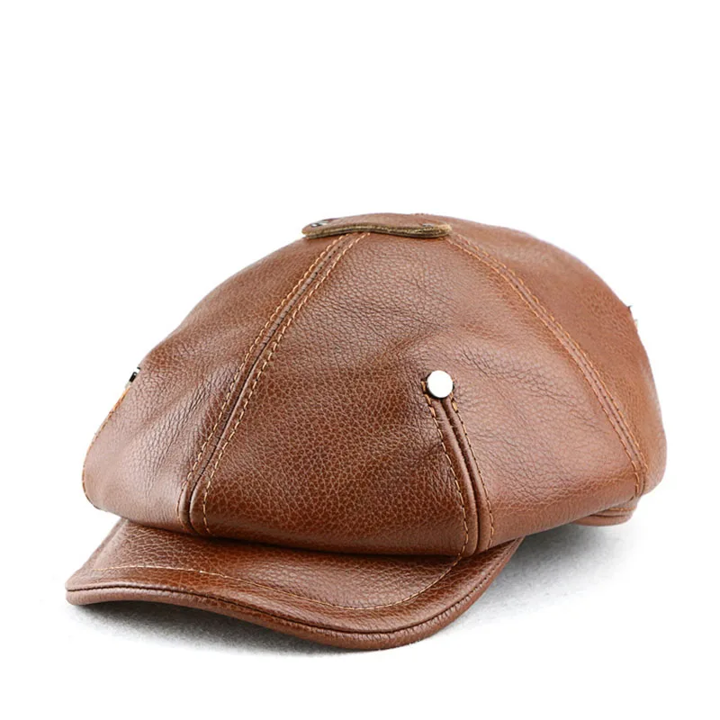 Top Trends: Autumn Winter Real Full Grain Cow Leather Octagonal Beret Cap For Men Retro Fashion British Style Newsboy Hat Artist Visor Shoppable Styles - Image 4