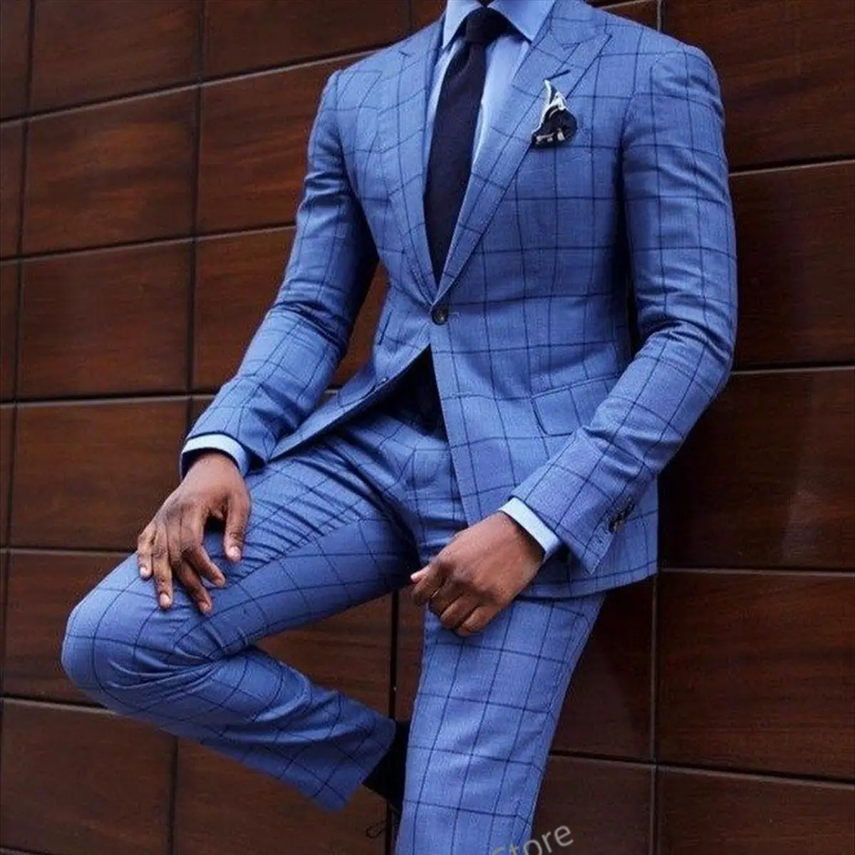 Top Trends: Business Office Work Blue Plaid Suits For Men Slim Fit Notched Lapel Groom Tuxedos 2 Pieces Elegant Male Blazer Costume Homme Shoppable Styles