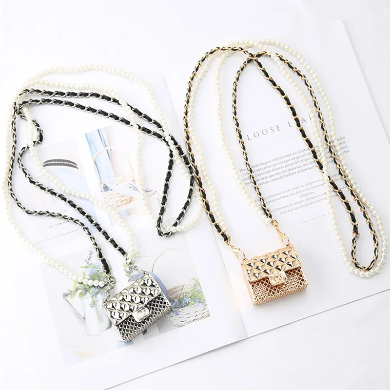 Top Trends: Fashion Women Pearl Chain Waist Bag Luxury Metal Hollow Rhombus Headphone Hanging Neck Decoration Female Dress Coat Waistband Shoppable Styles - Image 3