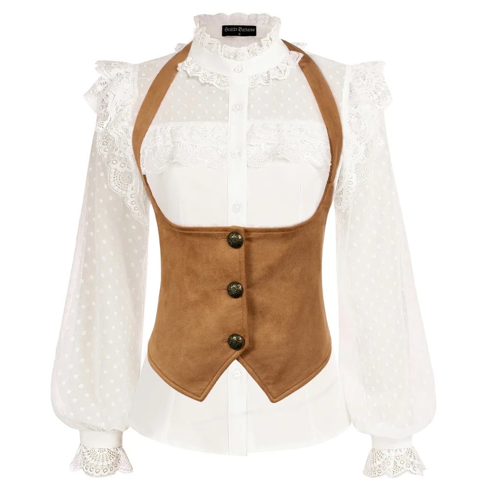 Top Trends: SD Women Steampunk Underbust Waist Belt Corset Vintage Waistcoats Brown Halterneck Handkerchief Hem Faux Suede Under Bust Vest Shoppable Styles - Image 4