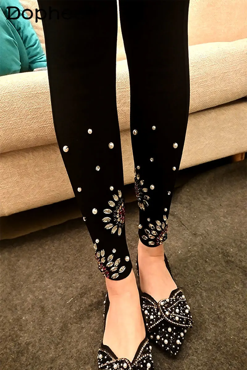 Top Trends: Thick Fleece Outer Wear Black Leggings Women Rhinestone Pearl Cropped Skinny Pants Autumn Winter Stretch Slim Jeans High Street Shoppable Styles