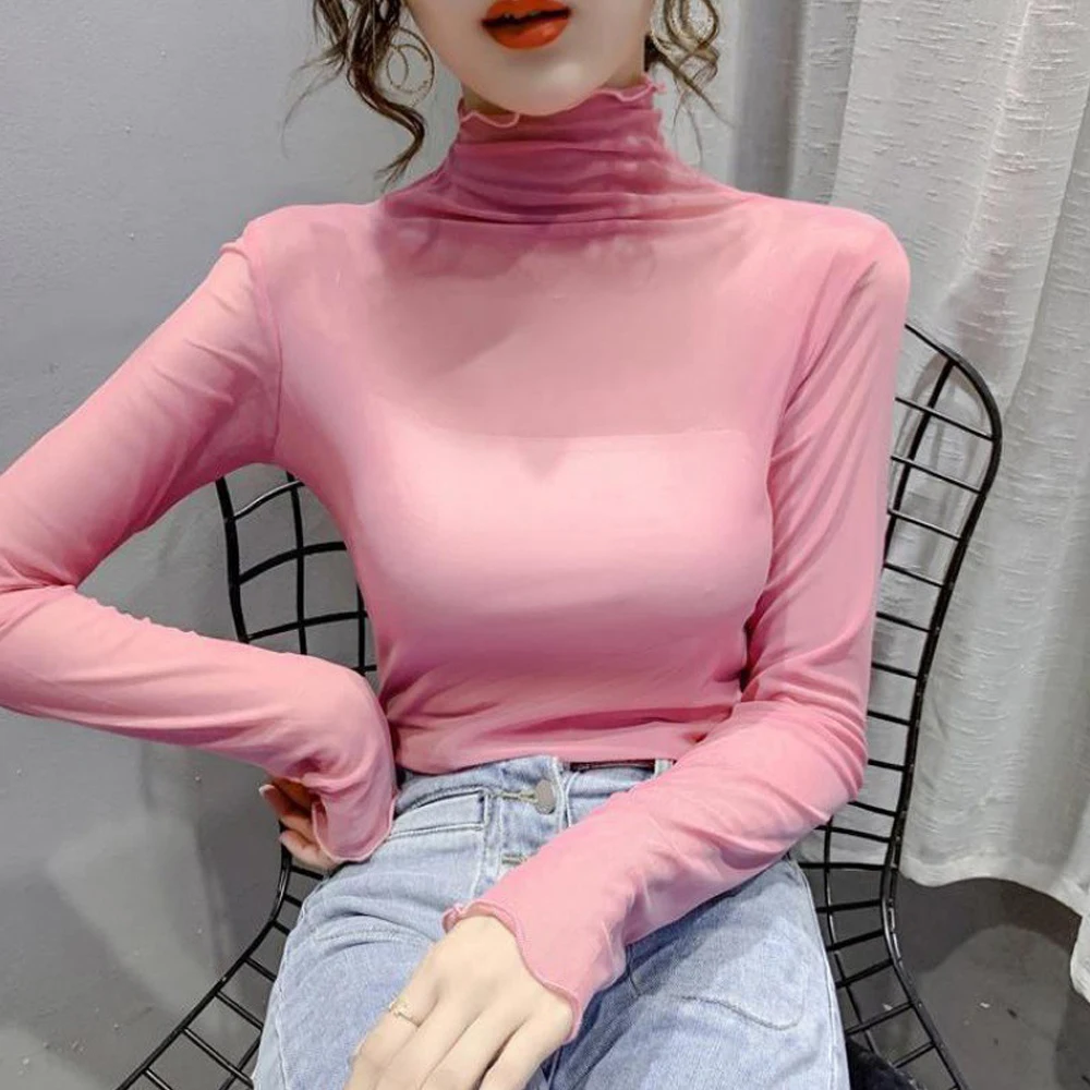 Top Trends: Women's Perspective Lace T Shirt Wooden Ear Thin Long-Sleeved Female Blouses Temperament Mesh Women Turtleneck Elastic Top Lady Shoppable Styles