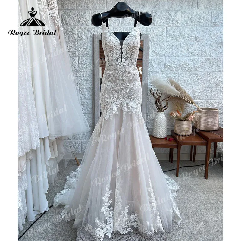 Top Trends: Luxury Spaghetti Straps Mermaid Trumpet Boho Wedding Dress Court Train Lace Applique Blush Pink V Neck Robe Mariée Sirene 2022 Shoppable Styles