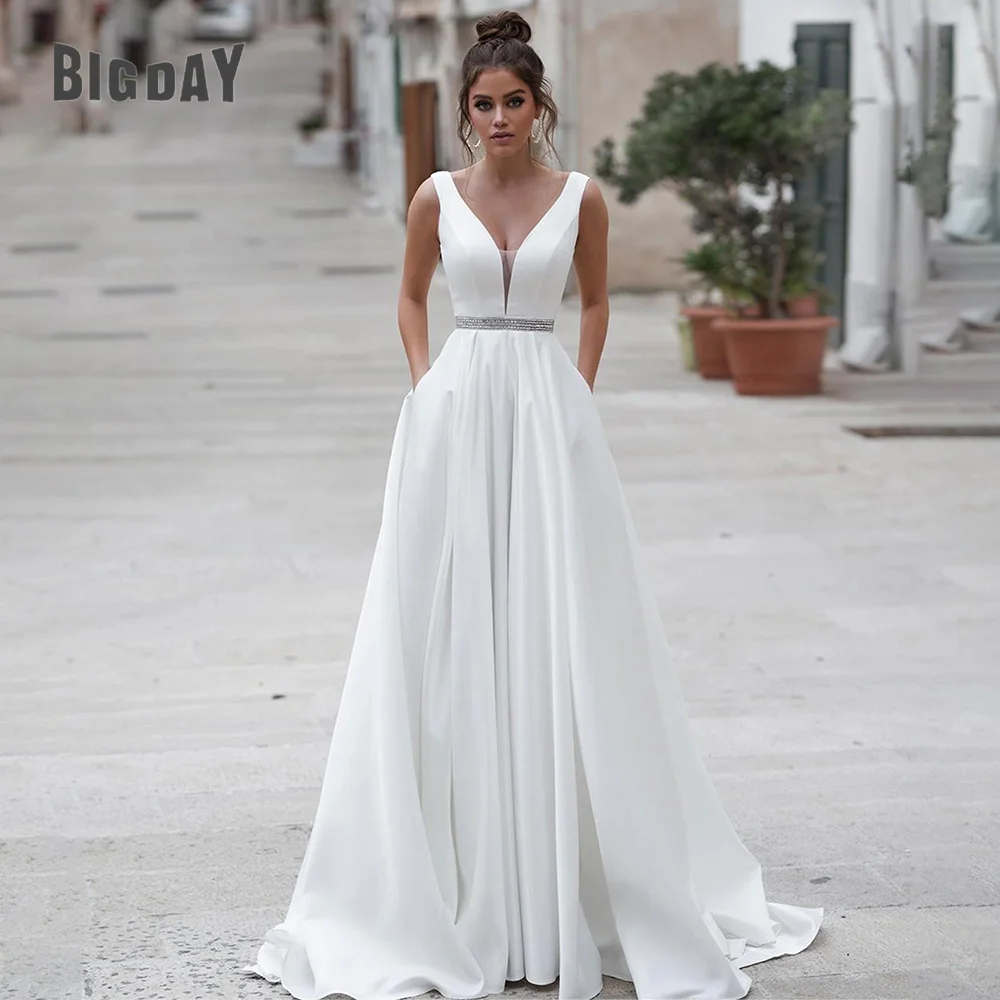 Top Trends: Elegant Satin Wedding Dresses With Pockets V-Neck A -Line Open Back Bridal Party Gowns Sequin Sweep Train Vestidos De Novia 2024 Shoppable Styles - Image 3