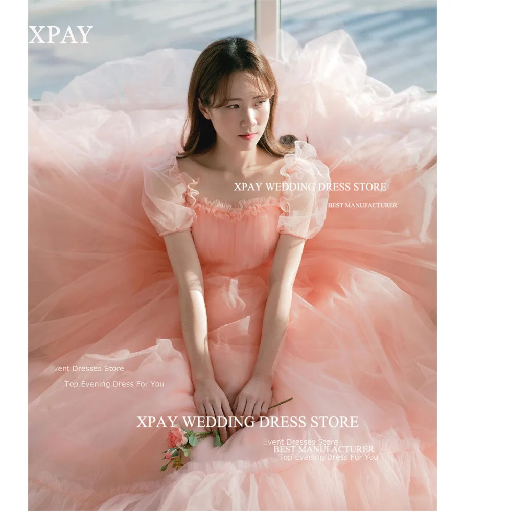 Top Trends: XPAY Fairy Blush Pink Tulle Prom Dresses Korea Lady Puff Short Sleeves Corset Lace Up Back Evening Gowns Wedding Photoshoot Shoppable Styles