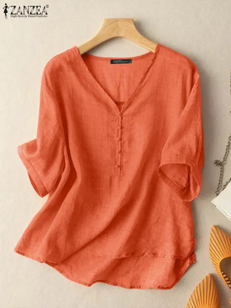 Top Trends: ZANZEA Summer Women Fashion Blouse 3 / 4 Sleeve V-Neck Cotton Tops Female Solid Color Korean Blouses Elegant Casual Chemise 2023 Shoppable Styles - Image 3