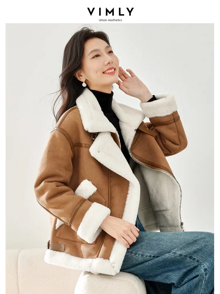 Top Trends: Vimly Double Faced Faux Fur Jacket 2023 Lapel Zipper Long Turn-up Sleeve Contrast Faux Shearling Female Winter Warm Coat 50713 Shoppable Styles