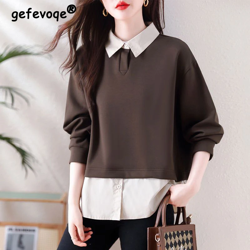 Top Trends: Spring Autumn Polo-neck Loose Casual Patchwork Sweatshirt Ladies Fake Two Pieces Korean Fashion All-match Pullover Tops Women Shoppable Styles