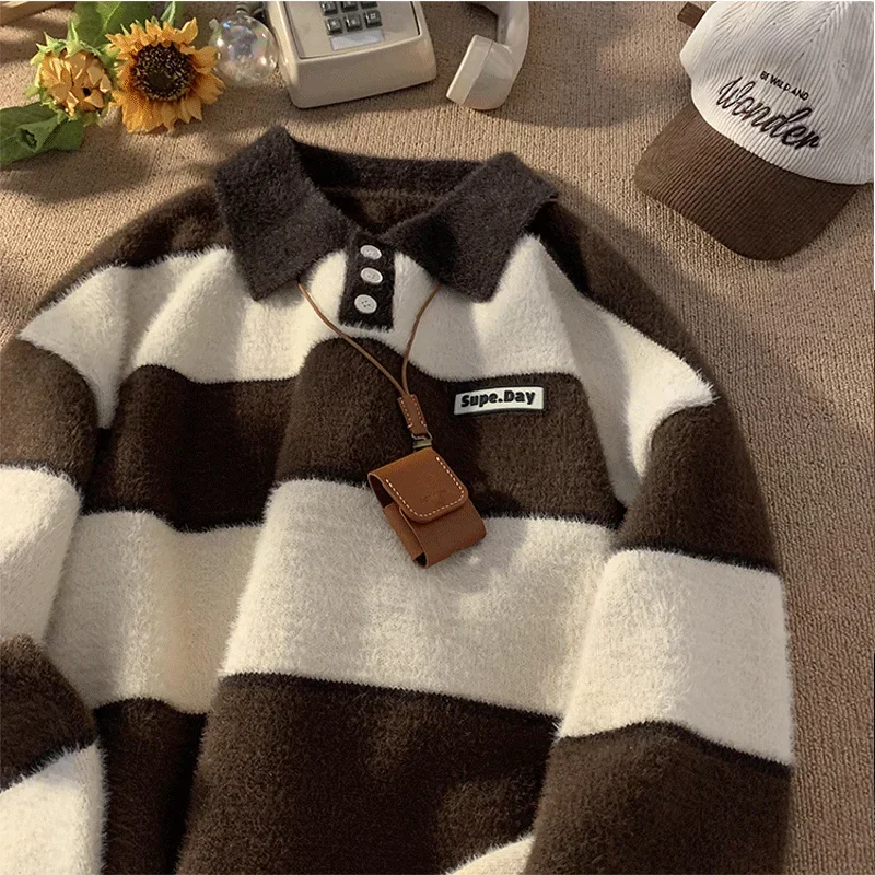 Top Trends: POLO Collar Sweater For Men And Women Couple Striped Academy Style Versatile Lazy Style Knitwear Vintage Thread Coat TopClothing Shoppable Styles