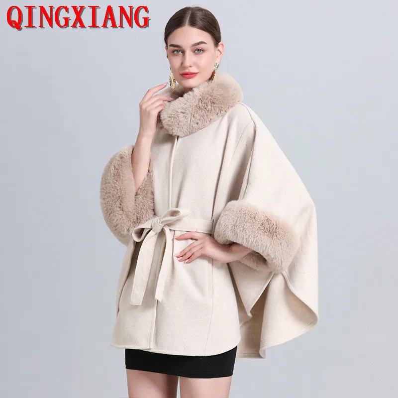 Top Trends: 8 Colors Winter Women Faux Rabbit Fur Woolen Poncho Cloak Fashion Belt Out Streetwear Coat Oversize Batwing Sleeves Overcoat Shoppable Styles