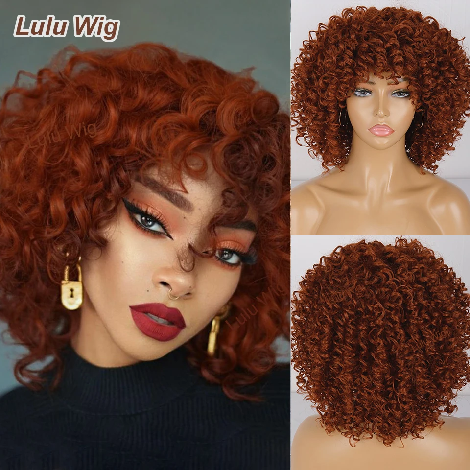 Top Trends: Afro Kinky Curly Wig With Bangs Short Synthetic Wigs For Black Women Ginger Wig Glueless Cosplay Hair High Temperature Shoppable Styles