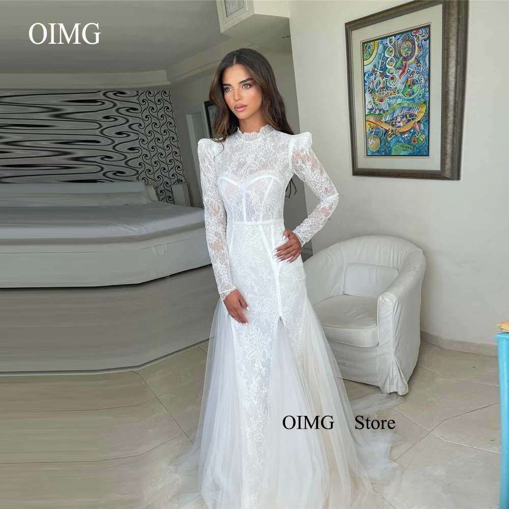 Top Trends: OIMG Elegant Lace Mermaid Wedding Dresses Long Sleeves High Neck Tulle Floor Length Arabic Women Bridal Gowns Robe De Mariage Shoppable Styles