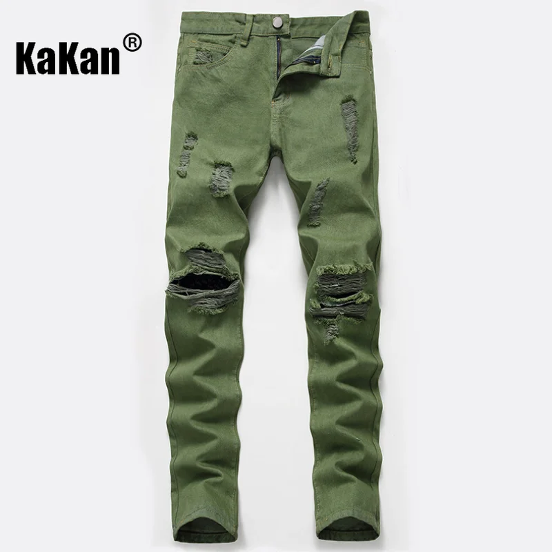 Top Trends: Kakan - European And American New Stretch Perforated Jeans For Men, High Street Washed Old Army Green Long Jeans K36-336 Shoppable Styles