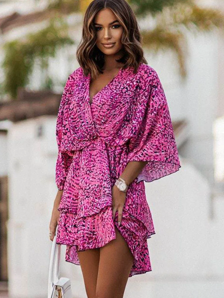 Top Trends: Women Sexy V Neck Mini Dresses Summer Boho Casual Floral Print Batwing Sleeve Dresses Female Ruffle Beach Party Dress Vestidos Shoppable Styles - Image 2