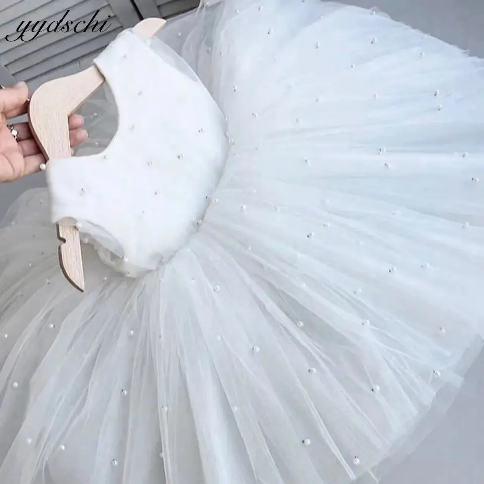 Top Trends: Lovely White Tulle Puffy Flower Girl Dresses For Wedding 2023 Princess Pearls Beads Sleeveless Knee Length First Communion Gowns Shoppable Styles