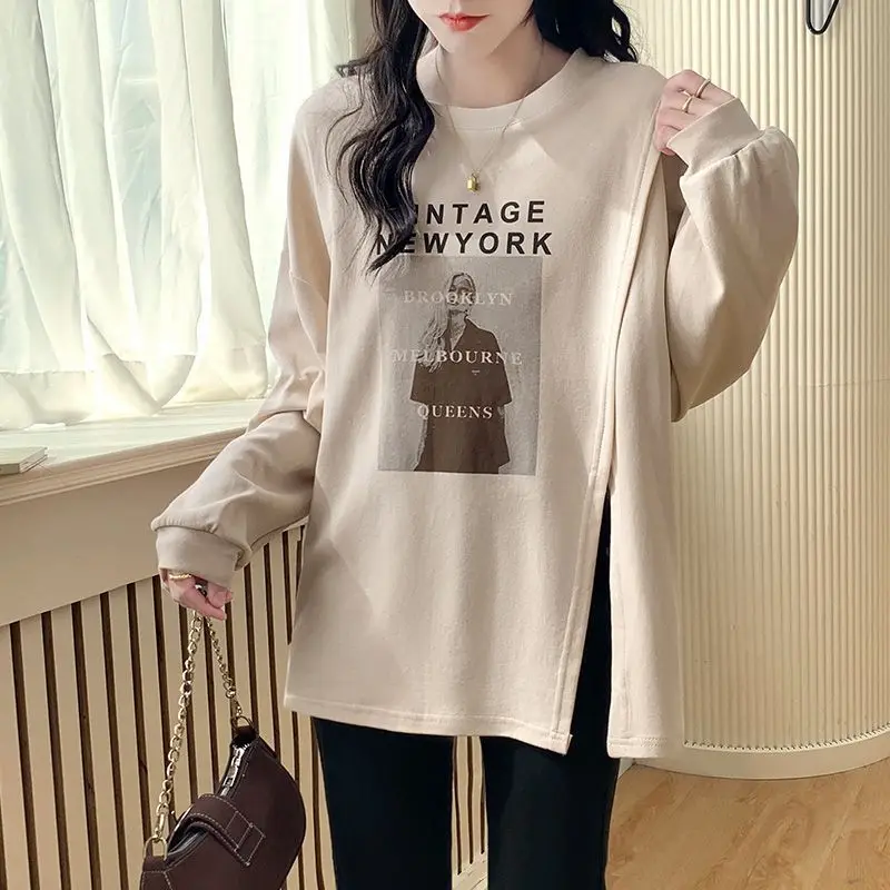 Top Trends: Personality Design Sense Niche Hem Split Long Sleeved Top Women With Bottom Layer Printing Letter Lady All-match T-shirt Shoppable Styles