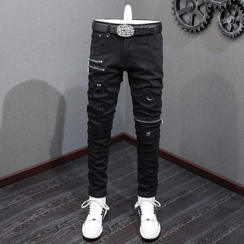 Top Trends: Street Fashion Men Jeans Black Stretch Skinny Punk Trousers Elastic Ripped Jeans Men Zipper Designer Hip Hop Denim Pants Hombre Shoppable Styles