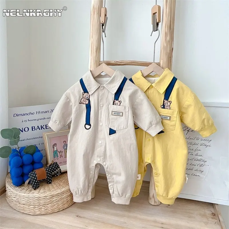 Top Trends: 2023 Autumn New In Newborn Baby Boys Full Sleeve Polo-collar Single-breasted Bear One-piece Infant Kids Overalls Toddler Romper Shoppable Styles