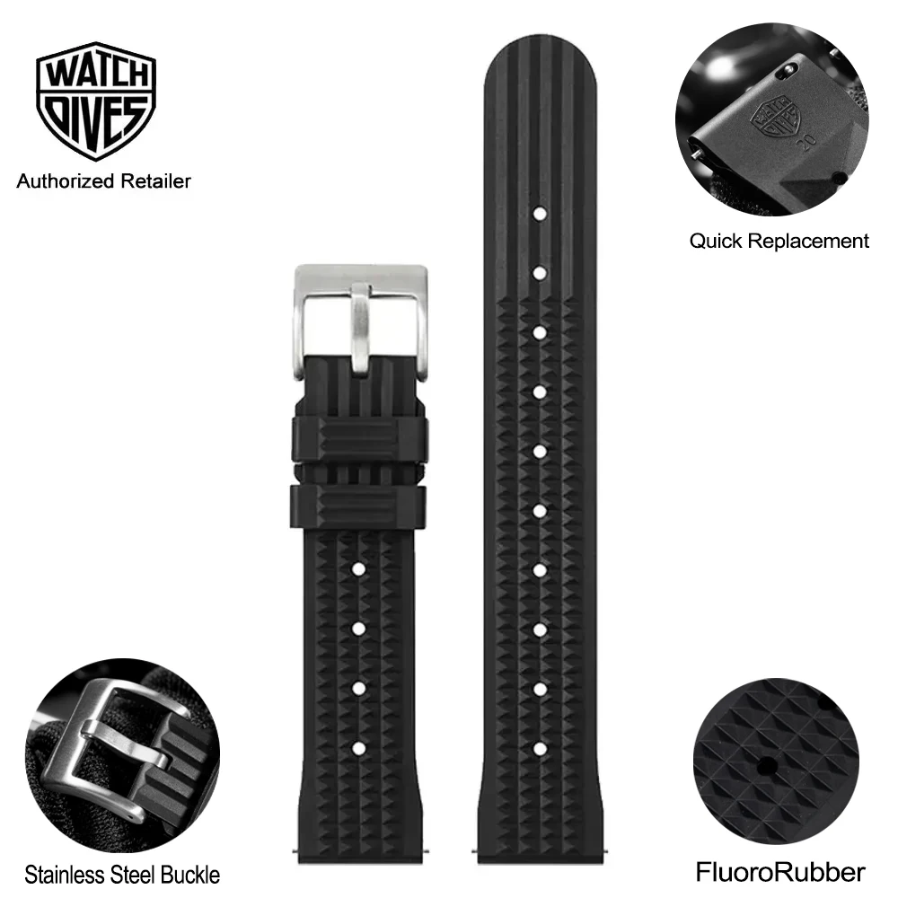 Top Trends: Watchdives 22mm FKM Rubber Waffle Strap Bracelets Universal Mens Diver Rubber Waterproof Sports Watch Band For 20mm Shoppable Styles