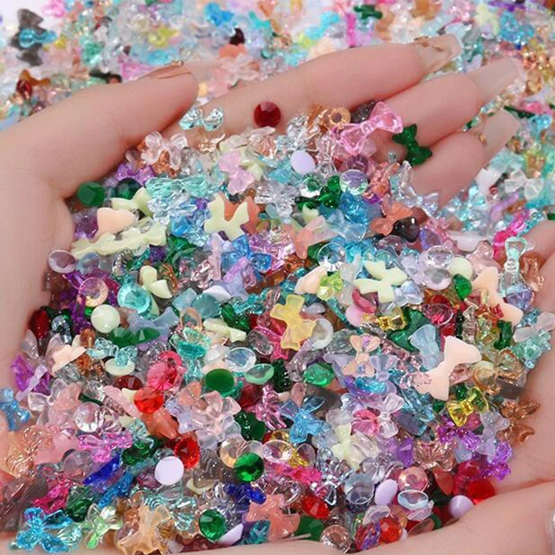 Top Trends: 500 / 100pcs Mix Jelly Ribbon Bow Shape Nail Art Charms Aurora Resin Bowknot 3D Rhinestone DIY Korean Manicure Parts Accessories Shoppable Styles