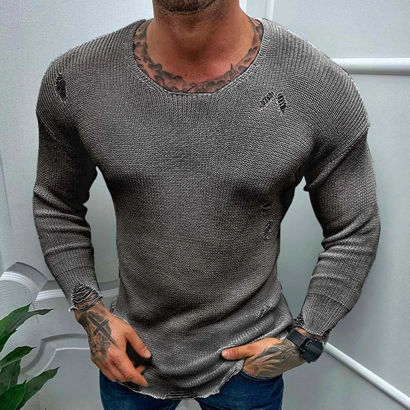 Top Trends: Men&#039;s Casual Tops Spring Summer Fashion Solid Knit Long Sleeve Torn Sweater Male Tees 2023 Holiday Streetwear Chic Shirts Shoppable Styles