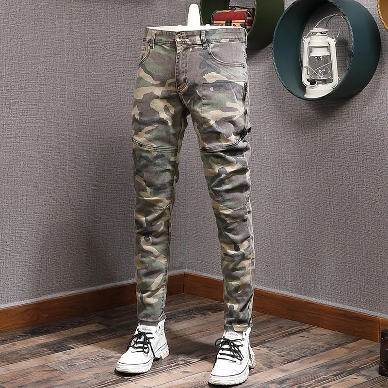 Top Trends: Streetwear Fashion Men Jeans Elastic Camouflage Military Trousers Spliced Designer Jeans Men Multi Pockets Hip Hop Cargo Pants Shoppable Styles