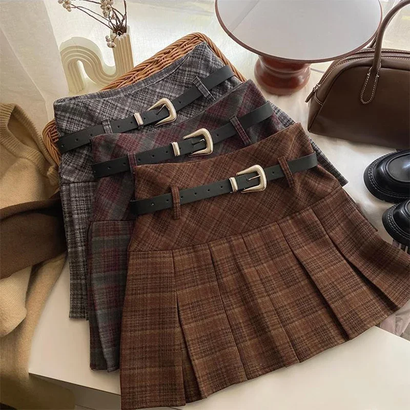 Top Trends: HOUZHOU Vintage Plaid Pleated Mini Skirt Women Autumn Winter Korean Fashion Cute High Waist A-line Short Skirt School Casual Shoppable Styles