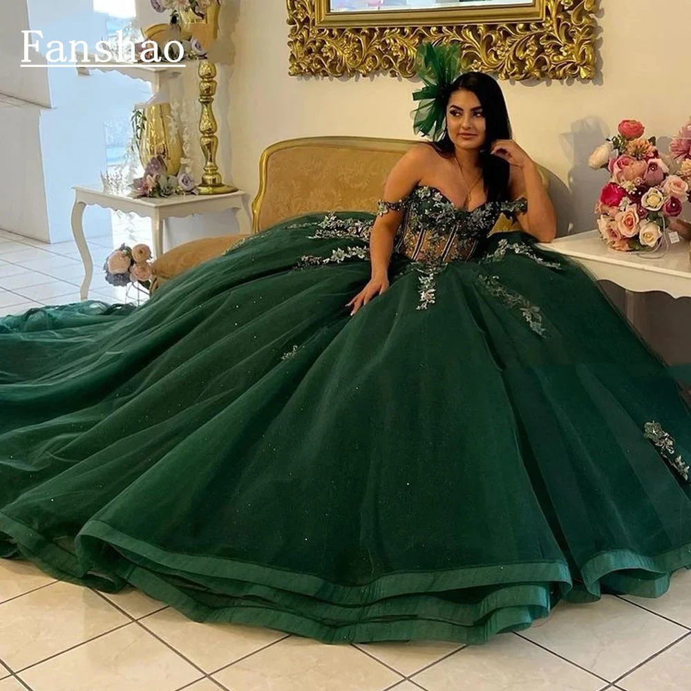 Top Trends: Fanshao Wd511 Floral Appliques Lace Quinceanera Dress Ball Gown Off The Shoulder Long Train Corset Vestido De 15 Anos Shoppable Styles