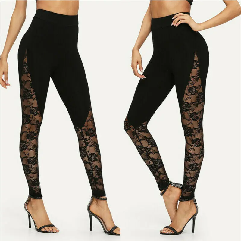 Top Trends: 2022 Women's Ladies Floral Lace High Waist Pants Side Panel Cut Out Black Leggings Plus Size Ladies Clothes Patchwork Trousers Shoppable Styles