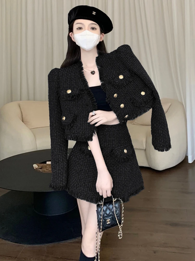 Top Trends: New Autumn Temperament Korean Fashion Small Fragrance Tweed Long Sleeve V Neck Jacket + High Waist A Line Skirt Two Piece Set Shoppable Styles