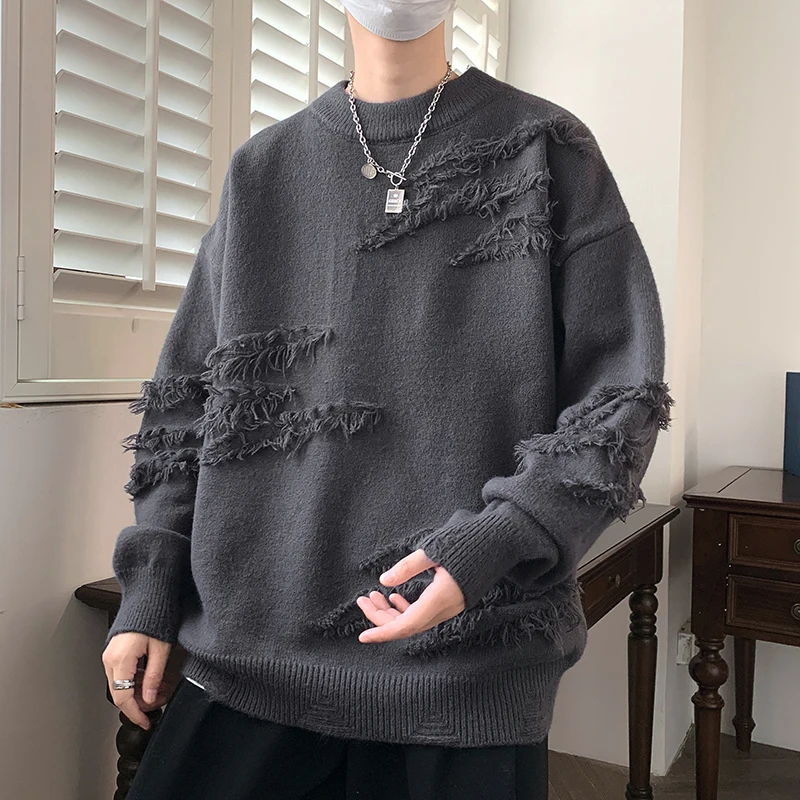 Top Trends: Knitted Men's Spring And Autumn Slim Fit Pullover With Round Neck Splicing Solid Color Tassel Loose Sweater Long Sleeved Tops Shoppable Styles