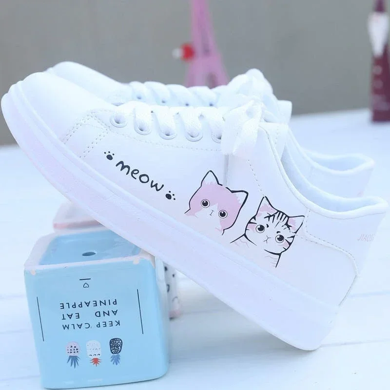 Top Trends: Women Sneakers Fashion Breathble Vulcanized Shoes Pu Cute Cat Cartoon Lace Up Casual White Women Shoes Zapatos De Mujer Female Shoppable Styles