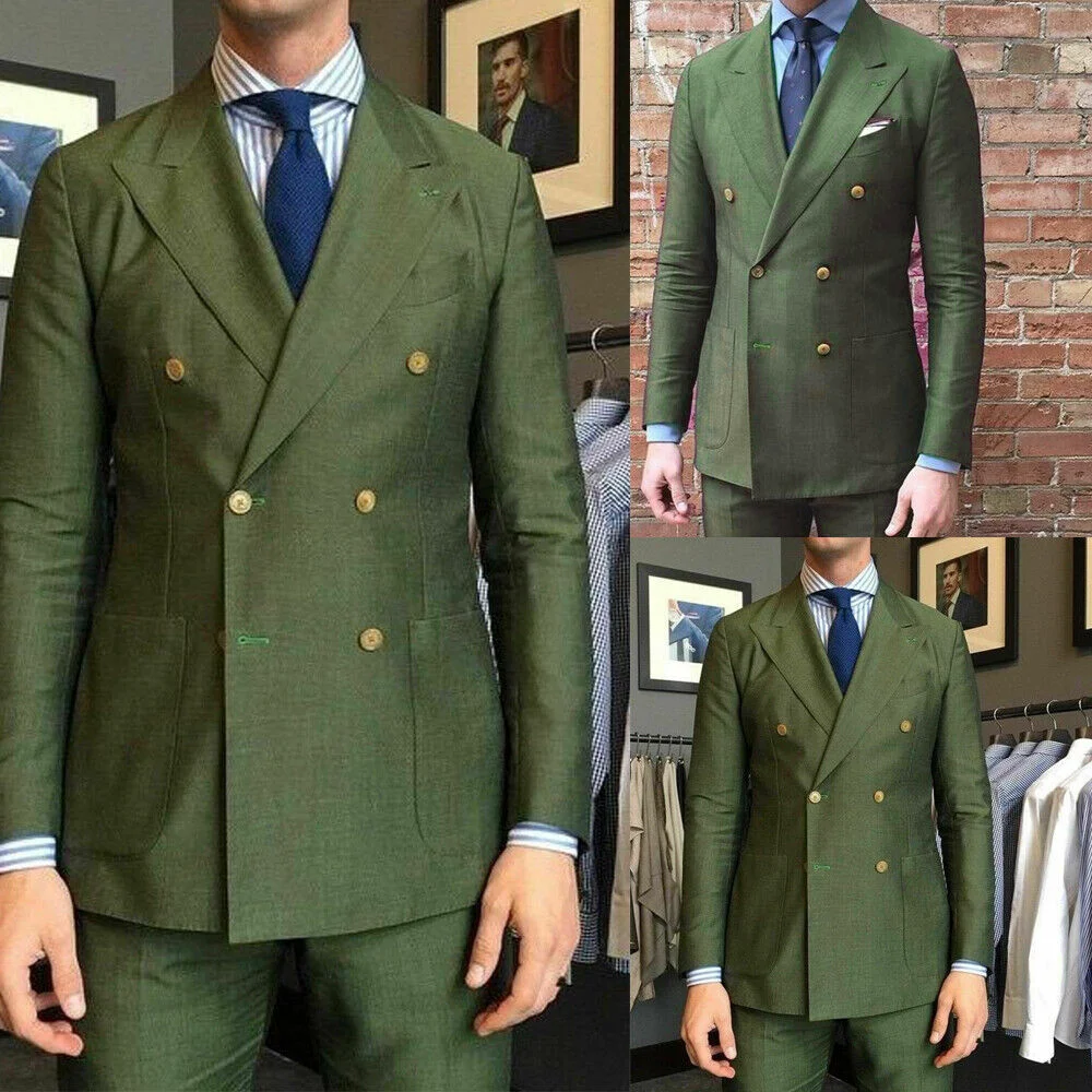 Top Trends: Fashion Double Breasted Suits For Men Masculino Blazer Terno Costume Peak Lapel Green Regular Outfits Jacket Pants Two Piece Shoppable Styles