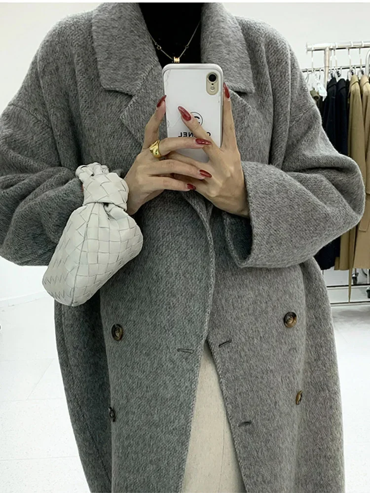 Top Trends: New Women High Quality Alpaca Double-sided Wool Coat Loose Lapel Long Sleeve Fashion Lace-up Natural Woolen Jacket Autumn Winter Shoppable Styles