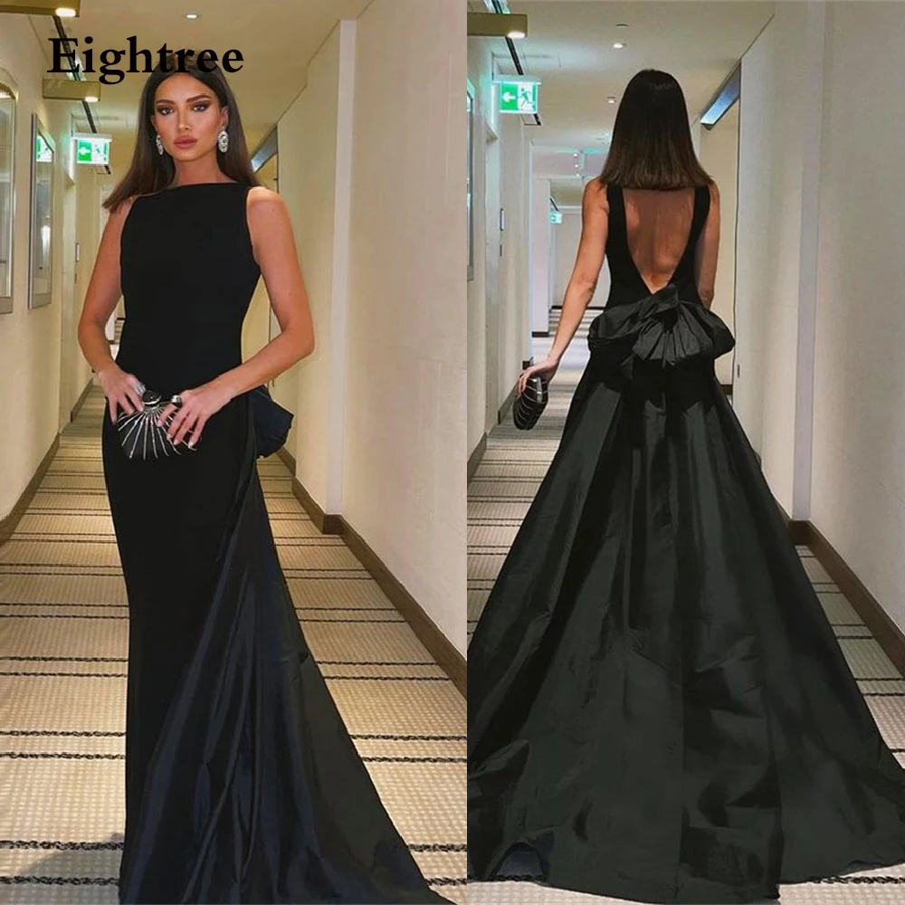 Top Trends: Eightree O Neck Black Backless Bow Prom Dress A Line Sleeveless Long Train Dubai Evening Night Party Dresses Vestidos Prom Gowns Shoppable Styles