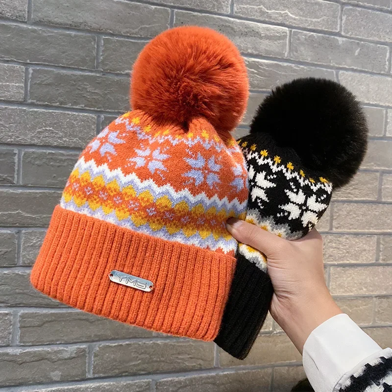 Top Trends: 2023 New Women Fleece Lined Knitted Pom Pom Hats Thermal Snowfake Christmas Fur Bobble Beanie Hat For Woman Winter Skullies Shoppable Styles