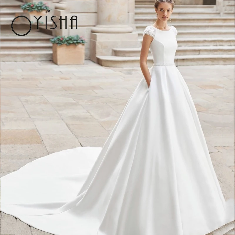 Top Trends: OYISHA Elegant Satin Wedding Dress For Bride Charming Backless Appliques Lace Bridal Gowns O-Neck Short Sleeve Vestidos De Noiva Shoppable Styles