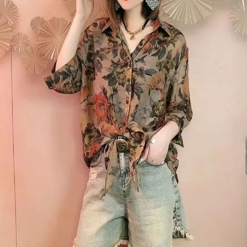 Top Trends: 2023 Summer New All-match Casual Three Quarter Hong Kong Breeze Fashion Printed Lapel Medium And Long Loose Lantern Sleeve Shirt Shoppable Styles