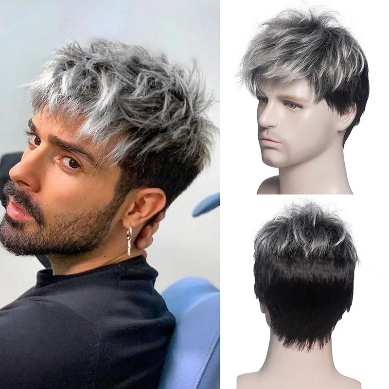 Top Trends: Men Short Curly Synthetic Wig Ombre Grey Brown Wig For Men&#039;s Hair Daily Realistic Natural Wigs Shoppable Styles