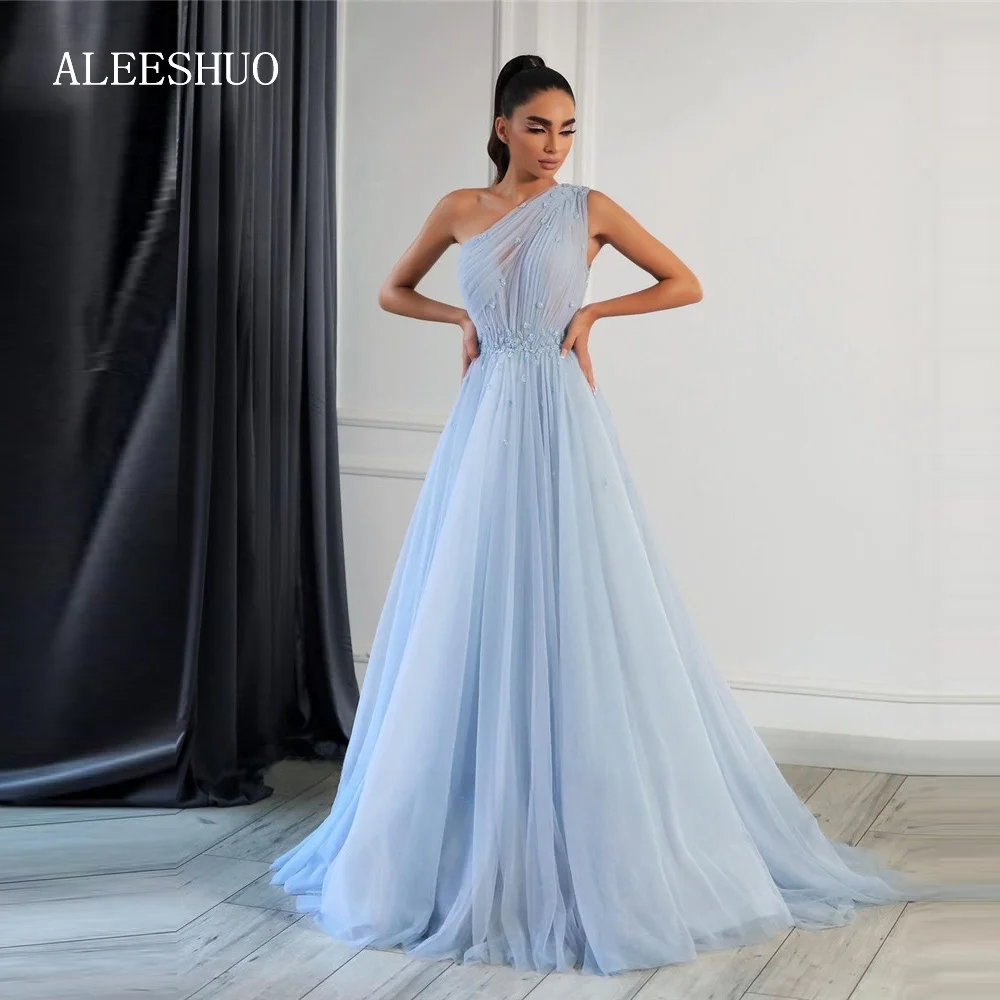 Top Trends: Aleeshuo Sky Blue Prom Dress Tulle One Shoulder Evening Dresses For Women Wedding Party Gown Elegant Gowns Prom A-line 2024 Shoppable Styles