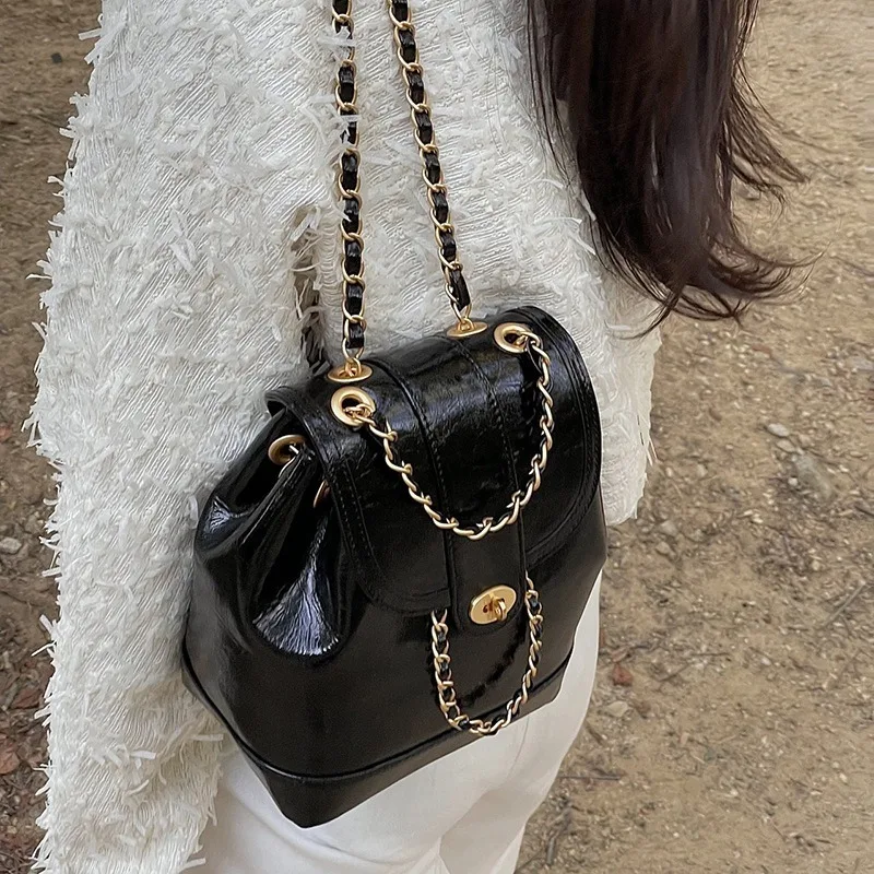 Top Trends: Small Fragrant Wind Ring-grid Chain Backpack Female Korean Version Ins Oil Wax Leather Small Bag Shoppable Styles