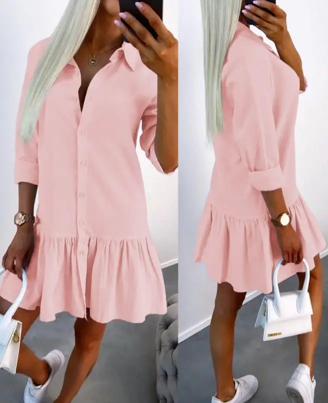 Top Trends: Dresses For Women 2023 Summer New Fashion Plain Long Sleeve Buttoned Ruffle Hem Casual Mini Shirt Dress Clothing Shoppable Styles